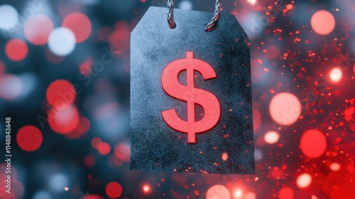 Elegant black price tag with glowing red dollar symbol, surrounded by colorful bokeh lights creating a festive shopping atmosphere, ideal for marketing materials photo