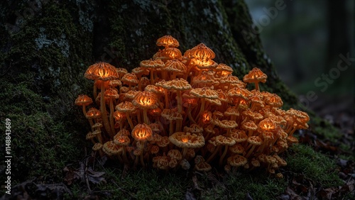 Eerie jack o lantern mushrooms glowing near mossy tree trunk photo