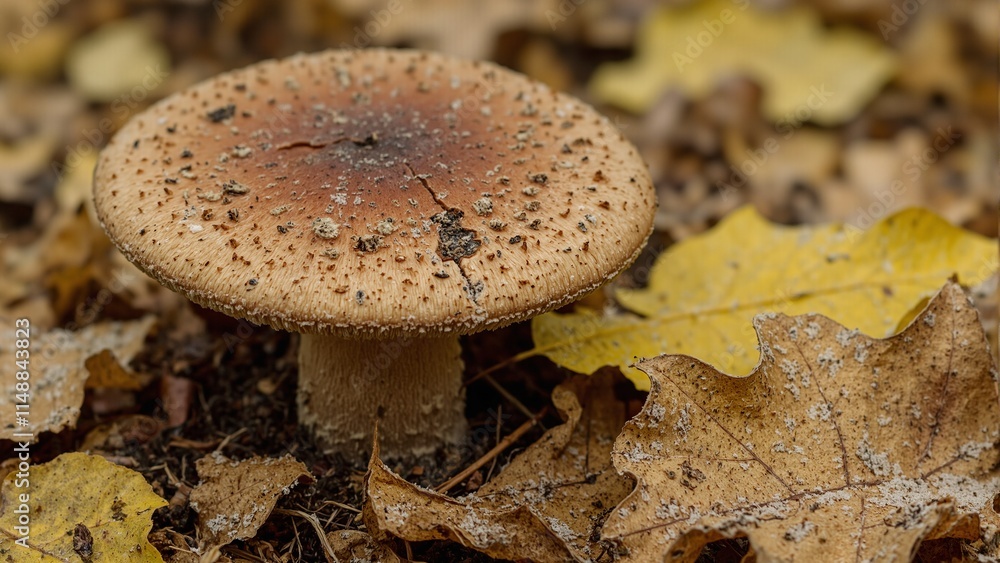 Earth toned cap mushroom textured and cracked rests amidst golden leaves with a touch of frost on the ground Earth toned cap mushroom textured and cracked rests amidst golden leaves with a touch of frost on the ground