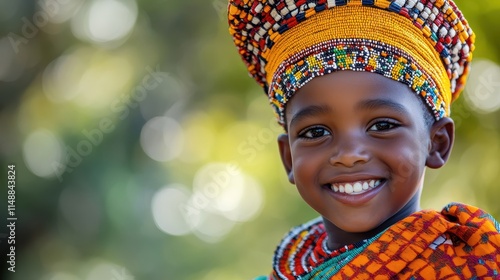 Young South African boy with a traditional outfit and a bright grin.