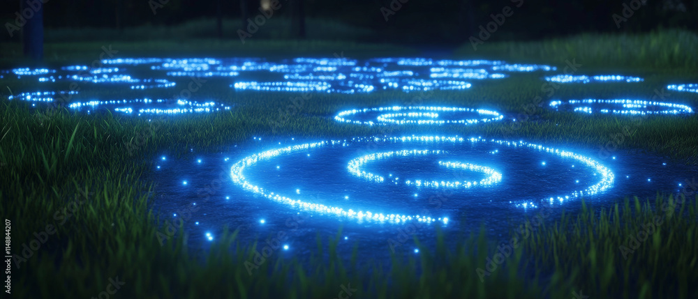 Fototapeta premium glowing blue spiral pattern on grassy field at night creates magical atmosphere