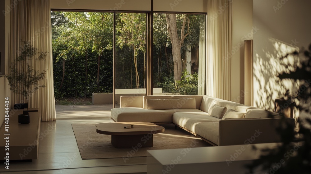 Fototapeta premium Modern minimalist living room with sleek, spacious decor. Featuring clean lines and neutral colors