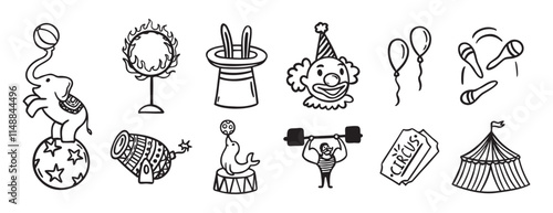 Circus doodle hand drawn icon set. Outline drawing circus line clipart symbol collection