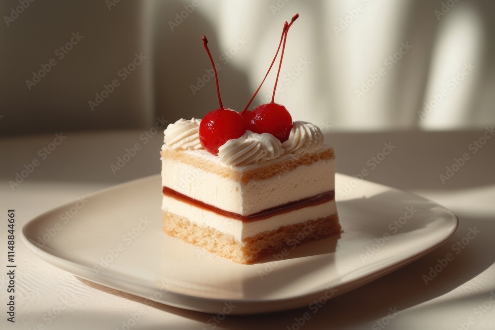 Delicious Cherry Cake Slice on White Plate Delicious Cherry Cake Slice on White Plate