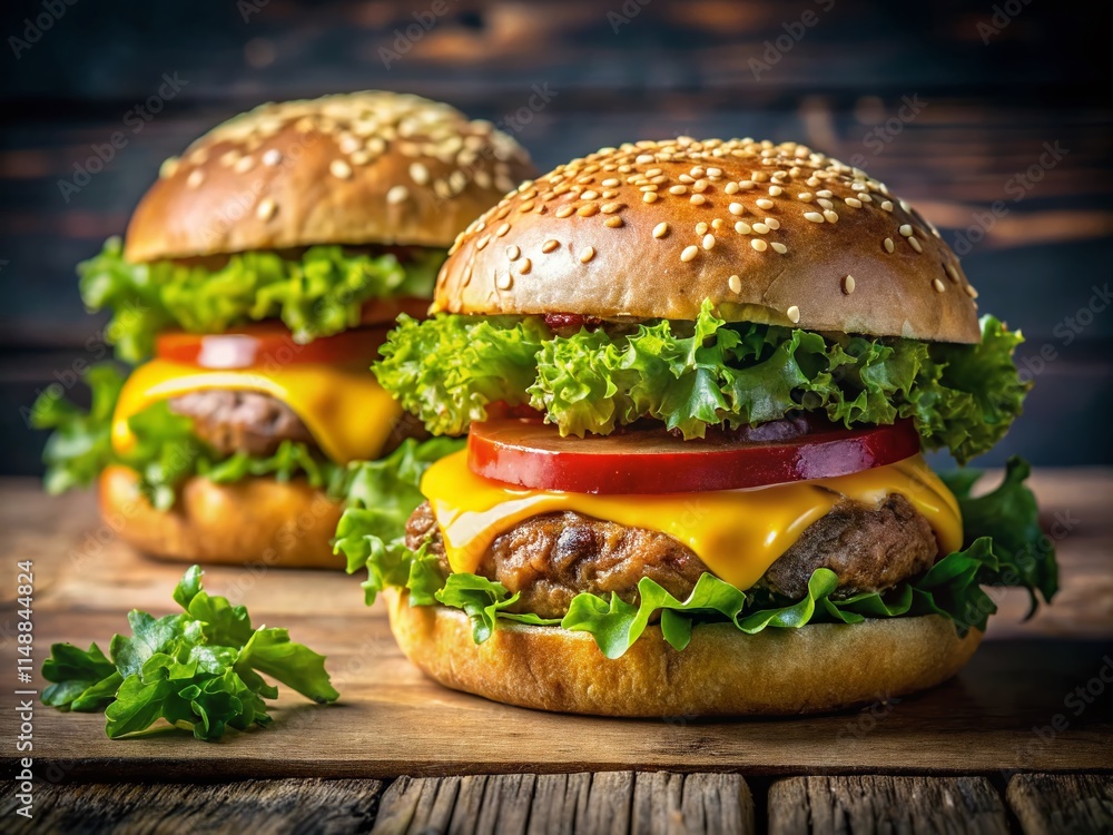 Close-up Macro Shot of Two Juicy Burgers, Sesame Seed Buns, Melted Cheese, Fresh Lettuce Close-up Macro Shot of Two Juicy Burgers, Sesame Seed Buns, Melted Cheese, Fresh Lettuce