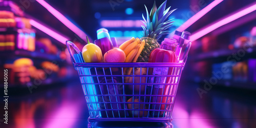 glowing grocery basket filled with colorful fruits and vegetables, showcasing vibrant colors and modern design