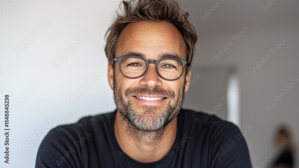 smile and productive concept. Smiling man with glasses and a beard, showcasing a casual and friendly demeanor. smile and productive concept. Smiling man with glasses and a beard, showcasing a casual and friendly demeanor.