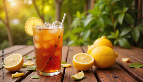 Refreshing iced lemon tea with ice cubes and lemon slices in a glass on a wooden table, fresh lemons and greenery in the background with copy space