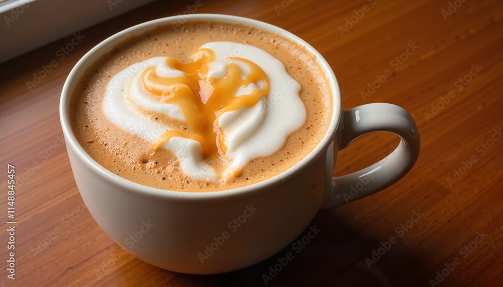 Creamy caramel macchiato topped with whipped cream and caramel drizzle in a white mug on a wooden table with copy space Creamy caramel macchiato topped with whipped cream and caramel drizzle in a white mug on a wooden table with copy space