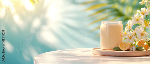 soothing jar of cream surrounded by fresh flowers and citrus fruits, evoking sense of tranquility and wellness