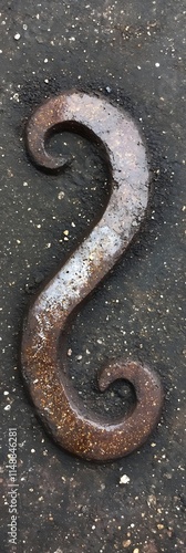 An ornate, rusted metal hook shaped like a question mark. photo