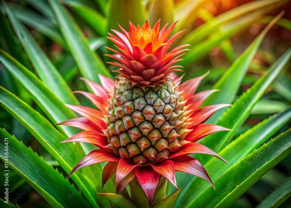 Close-up of a Vibrant Tropical Pineapple Flower Blooming on Lush Green Leaves Close-up of a Vibrant Tropical Pineapple Flower Blooming on Lush Green Leaves