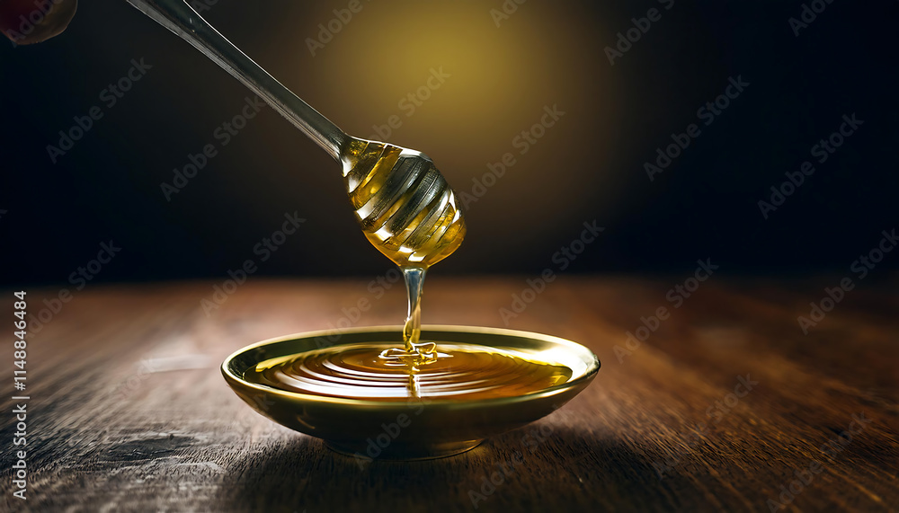 A delicate droplet of golden honey hangs from a pipette, forming beautiful ripples on a shallow dish. This tranquil spring scene captures the essence of nature's sweetness in February A delicate droplet of golden honey hangs from a pipette, forming beautiful ripples on a shallow dish. This tranquil spring scene captures the essence of nature's sweetness in February