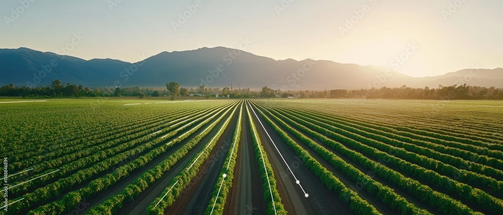 Lush Green Vineyard Rows Stretching Beautifully Under Golden Sunset Over Majestic Mountains and Clear Blue Sky in Scenic Landscape