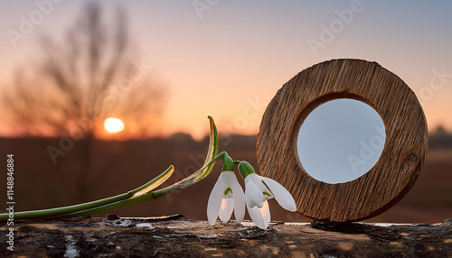Snowdrops gently lean toward a cracked branch, soaking in the first light of day. The serene winter landscape hints at the arrival of spring. A quiet moment in February transitions worlds