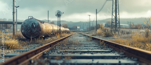 Rusty Rails Leading to an Abandoned Industrial Area photo