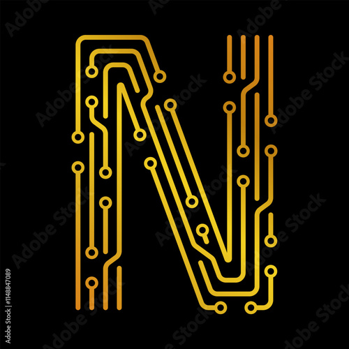 Electronic Letter N Forming a Circuit on Black Background