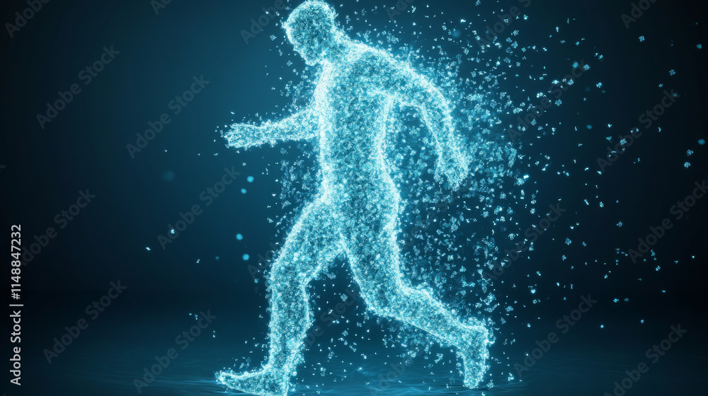 Naklejka premium glowing figure composed of digital particles, representing motion and energy