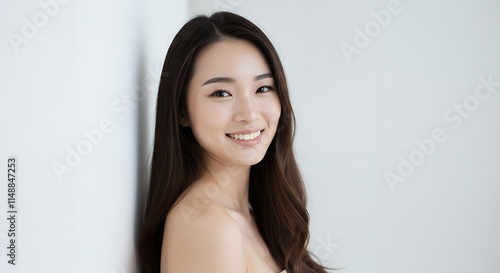 Asian girl alone against a white background, smiling, beautiful brunette posing in front of a white wall. A young woman stands by a blank wall.