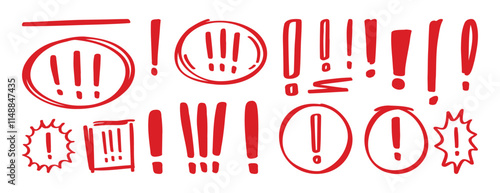 Exclamation mark doodle hand drawn icon set. Attention sign clipart symbol. Hazard warning drawing