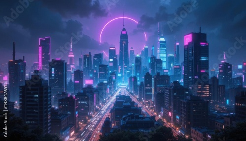 Wallpaper Mural Futuristic Cityscape at Night, Neon-Lit Metropolis Torontodigital.ca