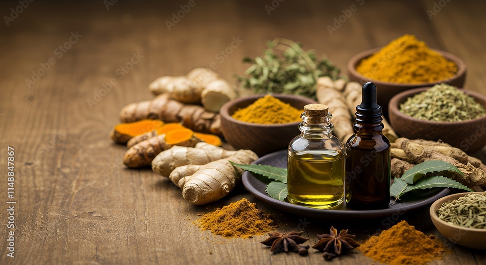 Ayurvedic medicine theme displayed in a close-up copy space image. Ayurvedic medicine theme displayed in a close-up copy space image.
