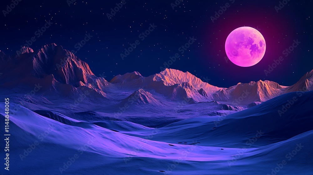 Pink moon rising over snowy mountains at night. Pink moon rising over snowy mountains at night.
