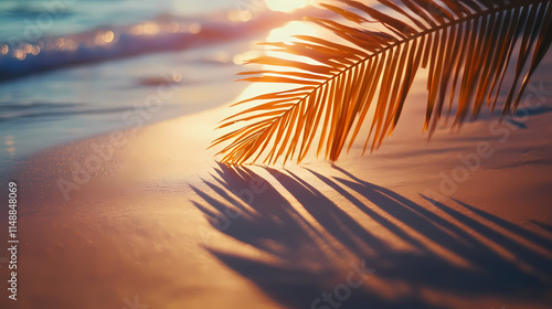Wallpaper Mural Palm frond casting shadow on tropical beach sand at sunset. Frond. Illustration Torontodigital.ca