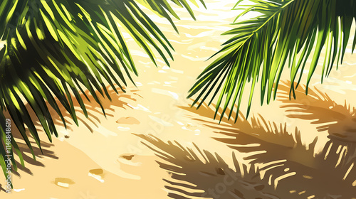 Palm frond shadows on a sunny beach. Frond. Illustration