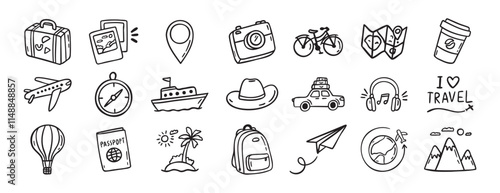 travel doodle hand drawn icon set. Outline drawing travel tourism line clipart symbols