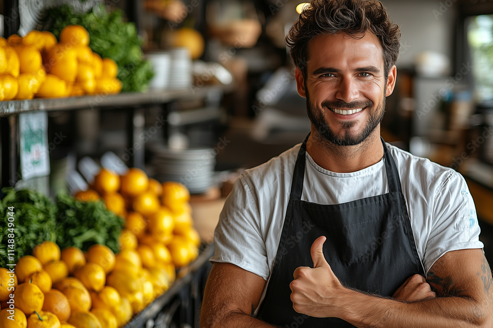 Fototapeta premium Smiling man wearing apron shows thumbs up gesture against background of fruit and vegetable market. Organic products. Service and communication.