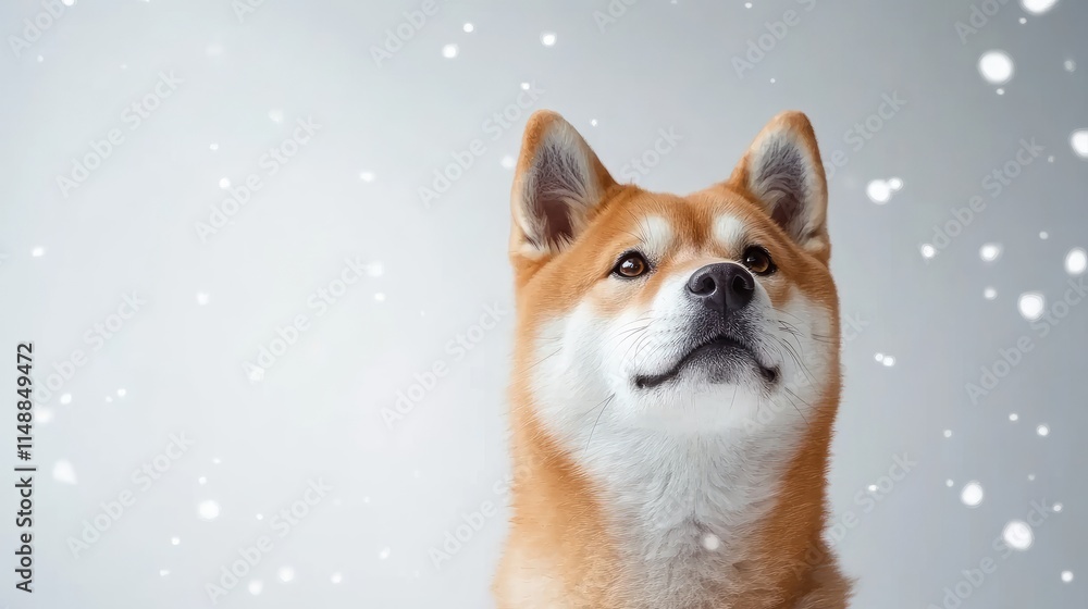 Obraz premium Playful Shiba Inu Dog Looking Upward in Soft Winter Snowfall Against a Light Gray Background Perfect for Pet Lovers and Seasonal Themes