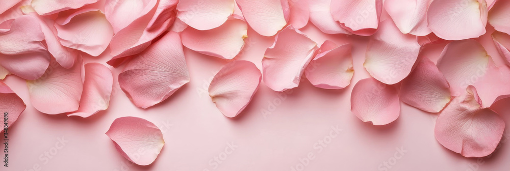 Obraz premium Pink Rose Petals Wallpaper - Delicate pink rose petals scattered on a soft pink background. Symbolizing love, beauty, romance, purity, and serenity.