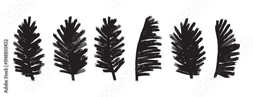 Exotic palm bold leaves grunge doodle style set. Brush hand drawn tropical palm leaves isolated ink style. 