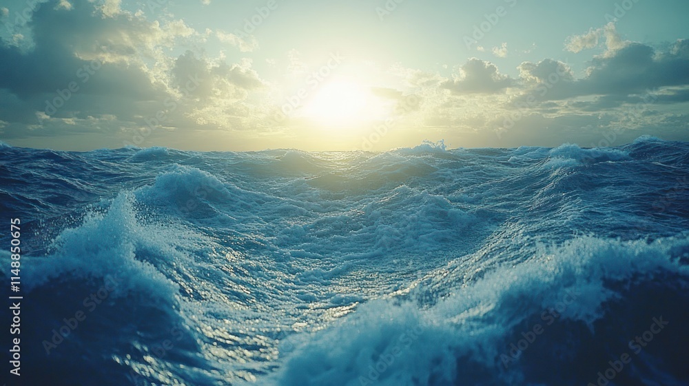 Fototapeta premium Rough ocean waves under a sunset sky.
