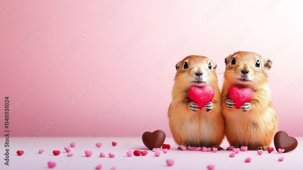 Prairie Dogs Valentine's Day Chocolate Hearts - Adorable prairie dogs holding heart-shaped chocolates. Symbolizing love, affection, sweetness, Valentine's Day, and friendship. Prairie Dogs Valentine's Day Chocolate Hearts - Adorable prairie dogs holding heart-shaped chocolates. Symbolizing love, affection, sweetness, Valentine's Day, and friendship.