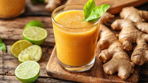 Fresh Ginger Citrus Juice in Rustic Setting