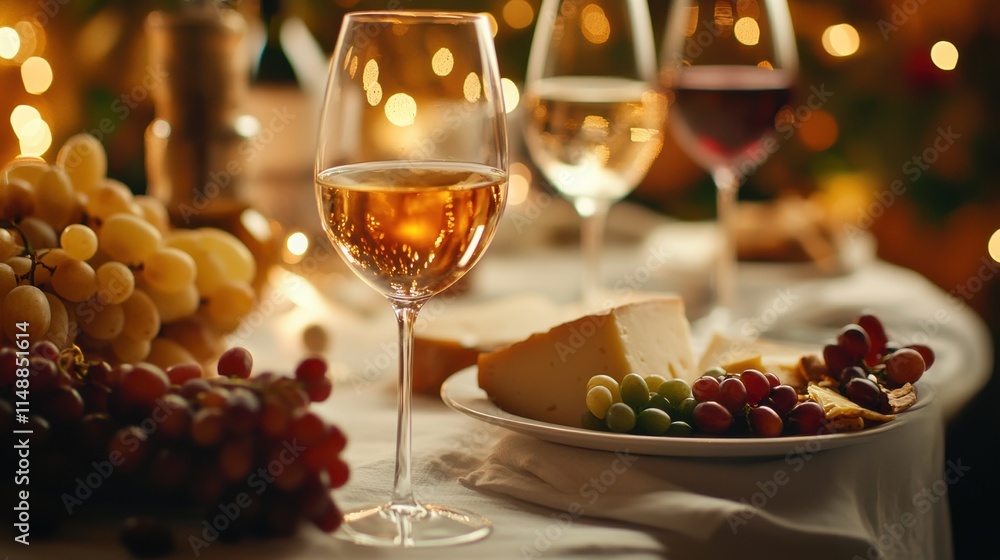 Elegant table setting featuring wine glasses and a delightful cheese platter with fresh grapes for an evening gathering. Generative AI Elegant table setting featuring wine glasses and a delightful cheese platter with fresh grapes for an evening gathering. Generative AI
