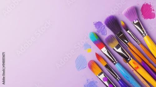 Colorful art brushes arranged creatively on a pastel purple background with vibrant paint splashes, ideal for creative projects or artistic themes. photo