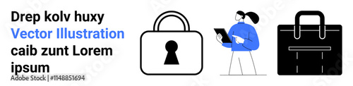 Business professional holding a tablet, standing beside a large lock and briefcase. Ideal for cybersecurity, business consulting, data protection, corporate strategy, technology solutions