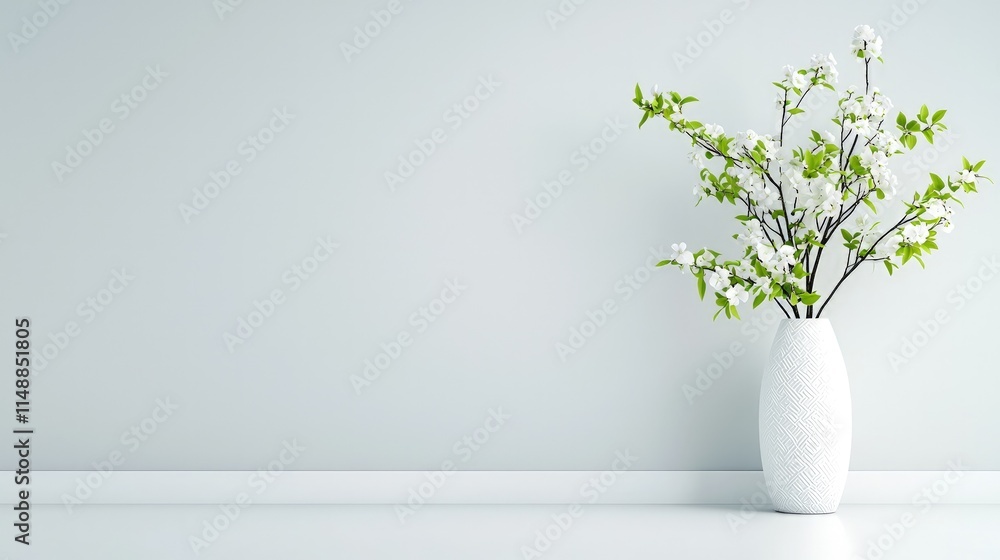 Minimalist interior with white flowers in vase against light wall. Minimalist interior with white flowers in vase against light wall.
