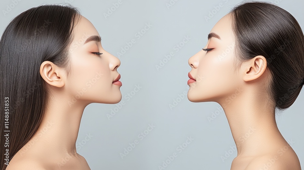 Comparison of Two Women with Long Hair Displaying Smooth Skin and Side Profiles, Captured Against a Soft Light Background for Beauty and Aesthetic Themes Comparison of Two Women with Long Hair Displaying Smooth Skin and Side Profiles, Captured Against a Soft Light Background for Beauty and Aesthetic Themes