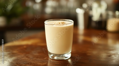 Creamy Beverage in a Glass on Wooden Table