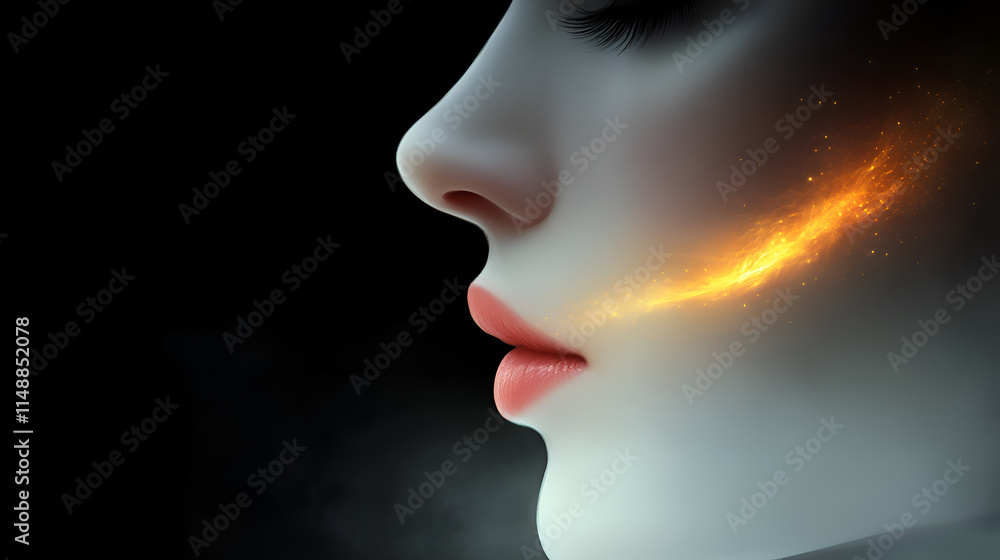A close-up profile of a female face illuminated by a glowing golden streak against a dark background. A close-up profile of a female face illuminated by a glowing golden streak against a dark background.