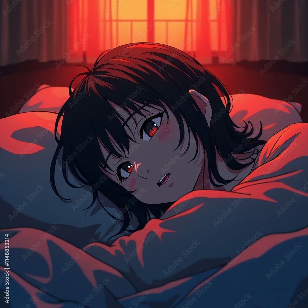 Anime girl expressing fatigue and illness lying in bed with soft lighting Anime girl expressing fatigue and illness lying in bed with soft lighting