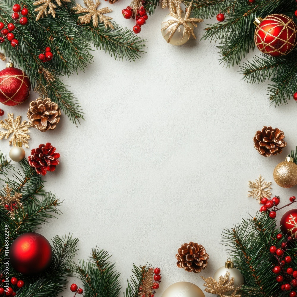Christmas background. Top view red and gold Christmas tree and decorations, copy space Christmas background. Top view red and gold Christmas tree and decorations, copy space
