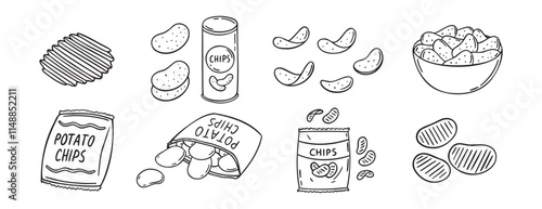 Potato chips doodle hand drawn icon set. Outline drawing crispy snack line clipart symbol