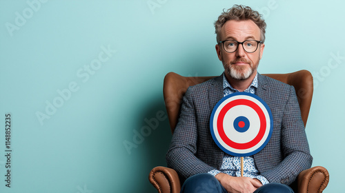 Man holding a target sitting on an armchair. 