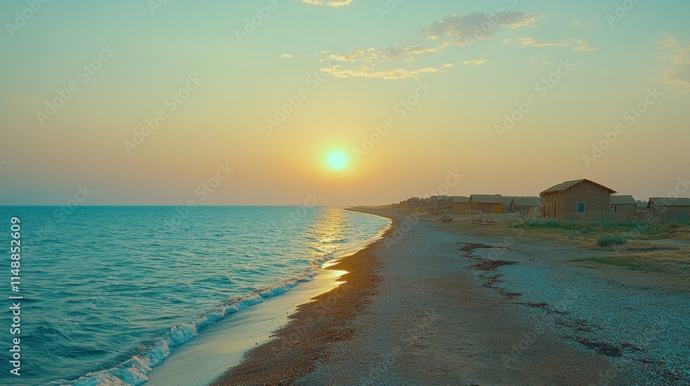 Obraz premium Seaside huts at sunset.