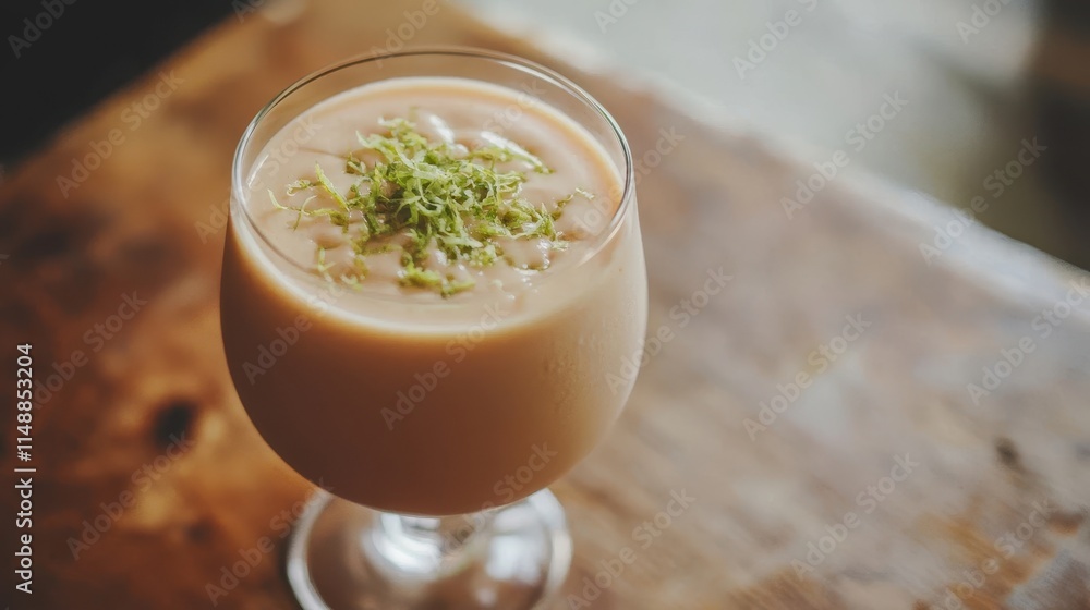 Creamy beverage with lime zest on a wooden table Creamy beverage with lime zest on a wooden table